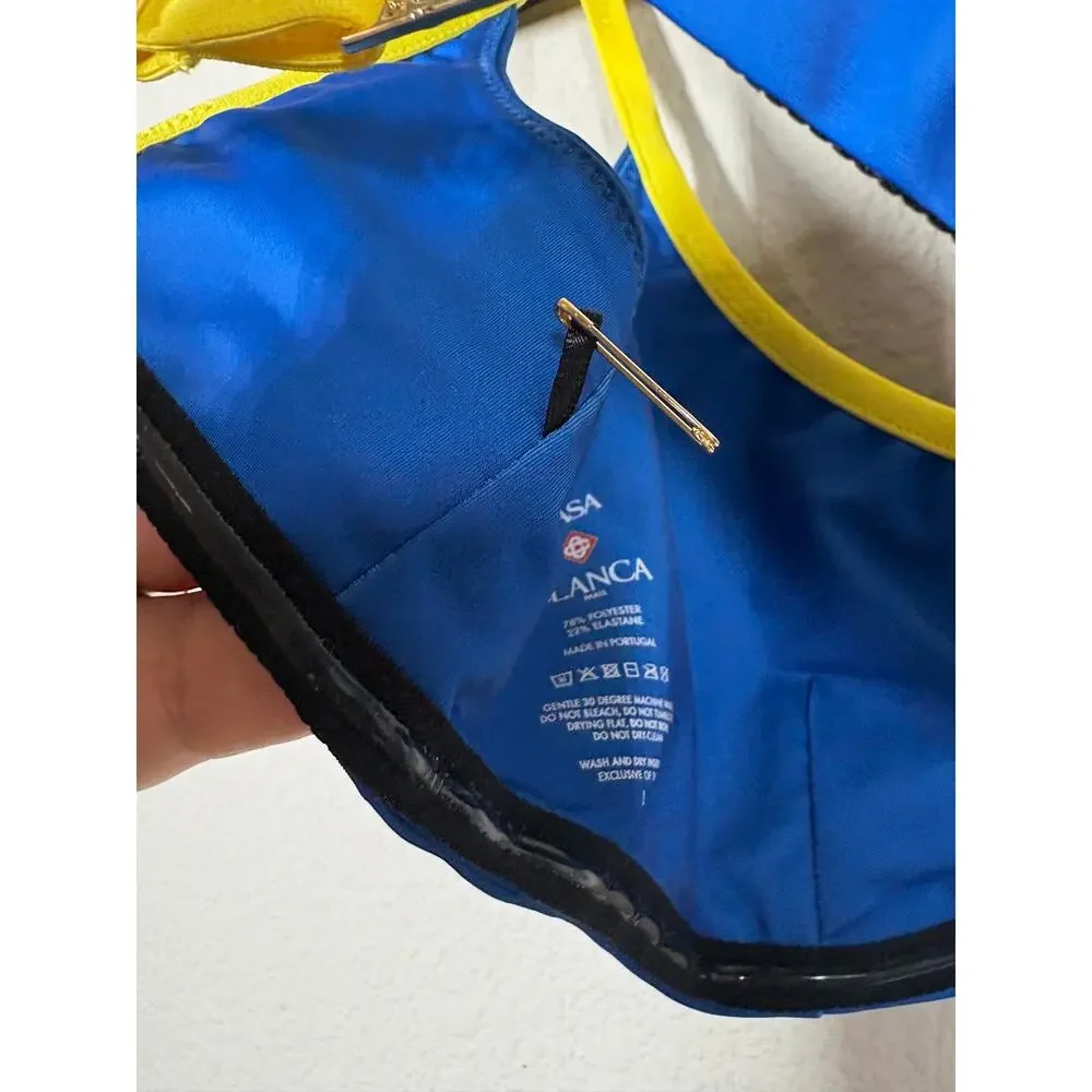 Casablanca Size Large Bikini Top Blue Yellow Adjustable Strap Beachwear Stretch - Picture 10 of 11